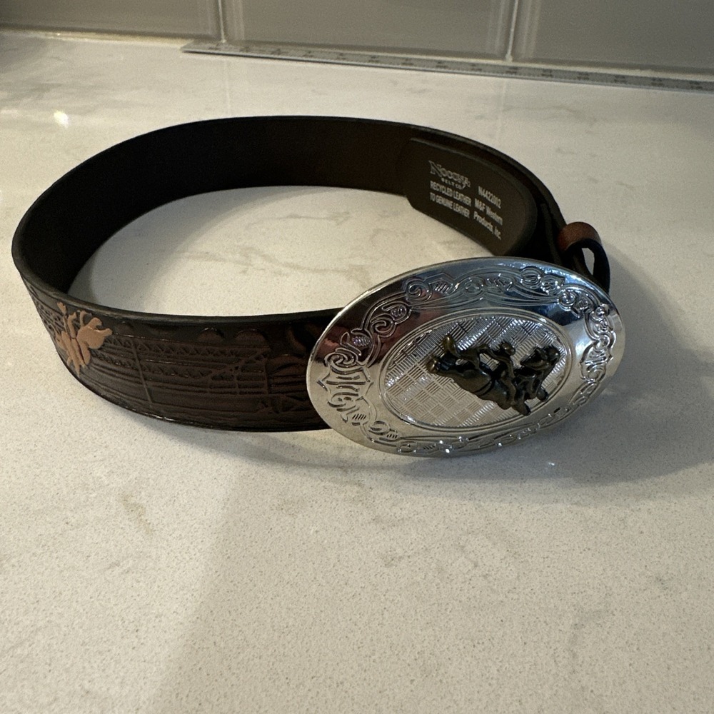 Nocona NWT Belt Boy's Bull Rider Rodeo Leather Belt Silver Bronze Color Buckle